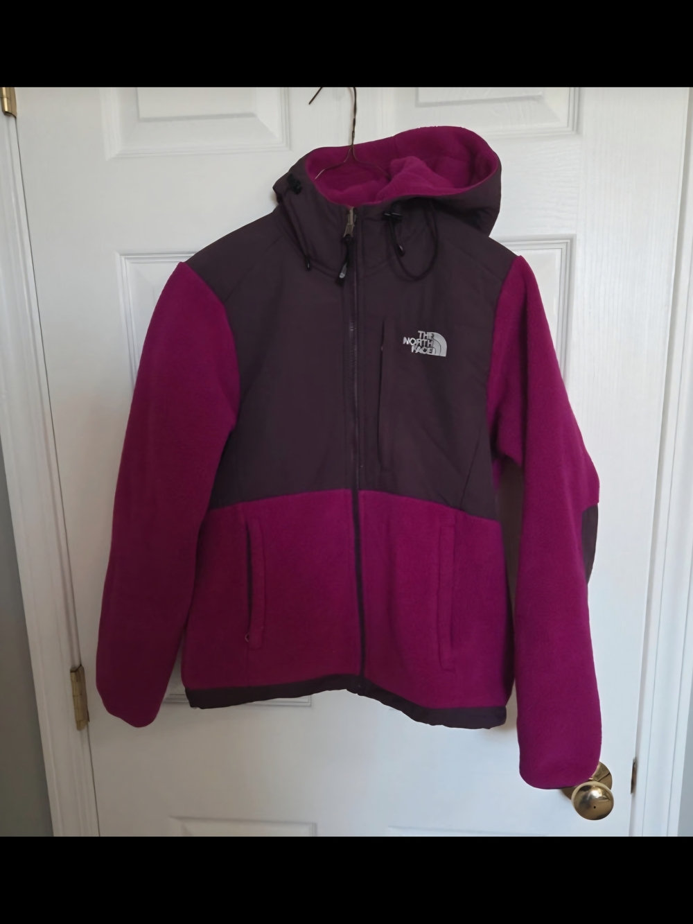 The North Face Hooded Colorblock Fleece Jacket in Bright Pink and Plum - Picture 1 of 3
